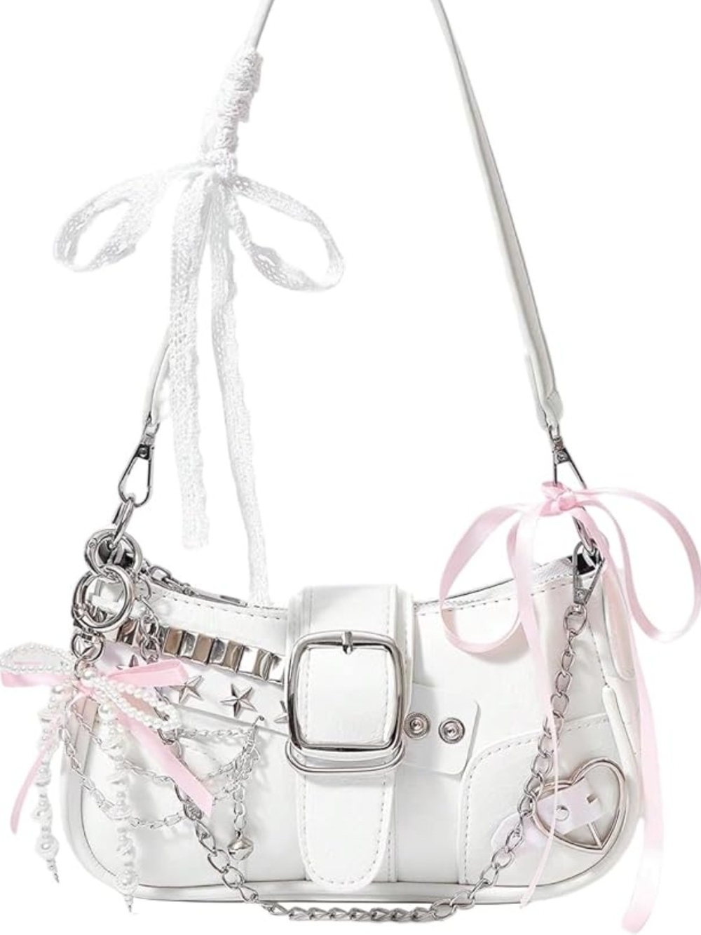 White Ribbon-Accent Shoulder Bag